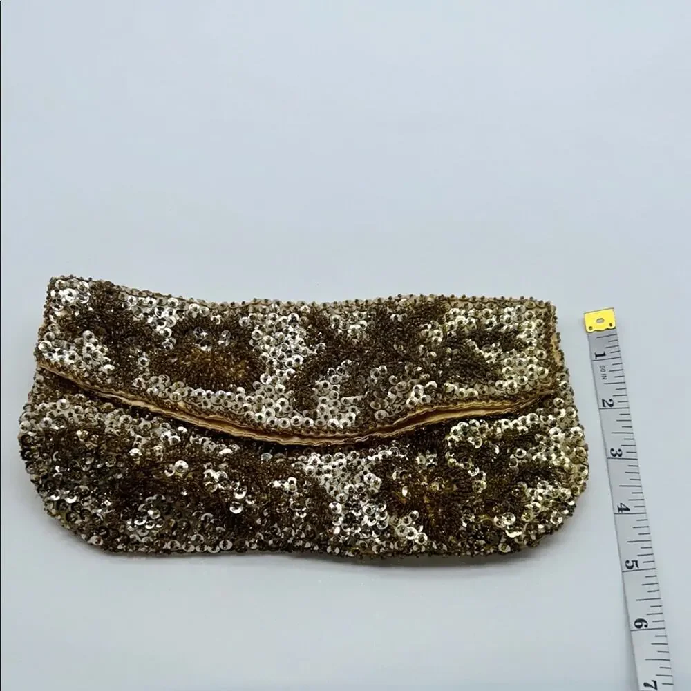 Vintage Glamorous Gold Sequin Fold Over Clutch Purse Glam Party Event Wedding